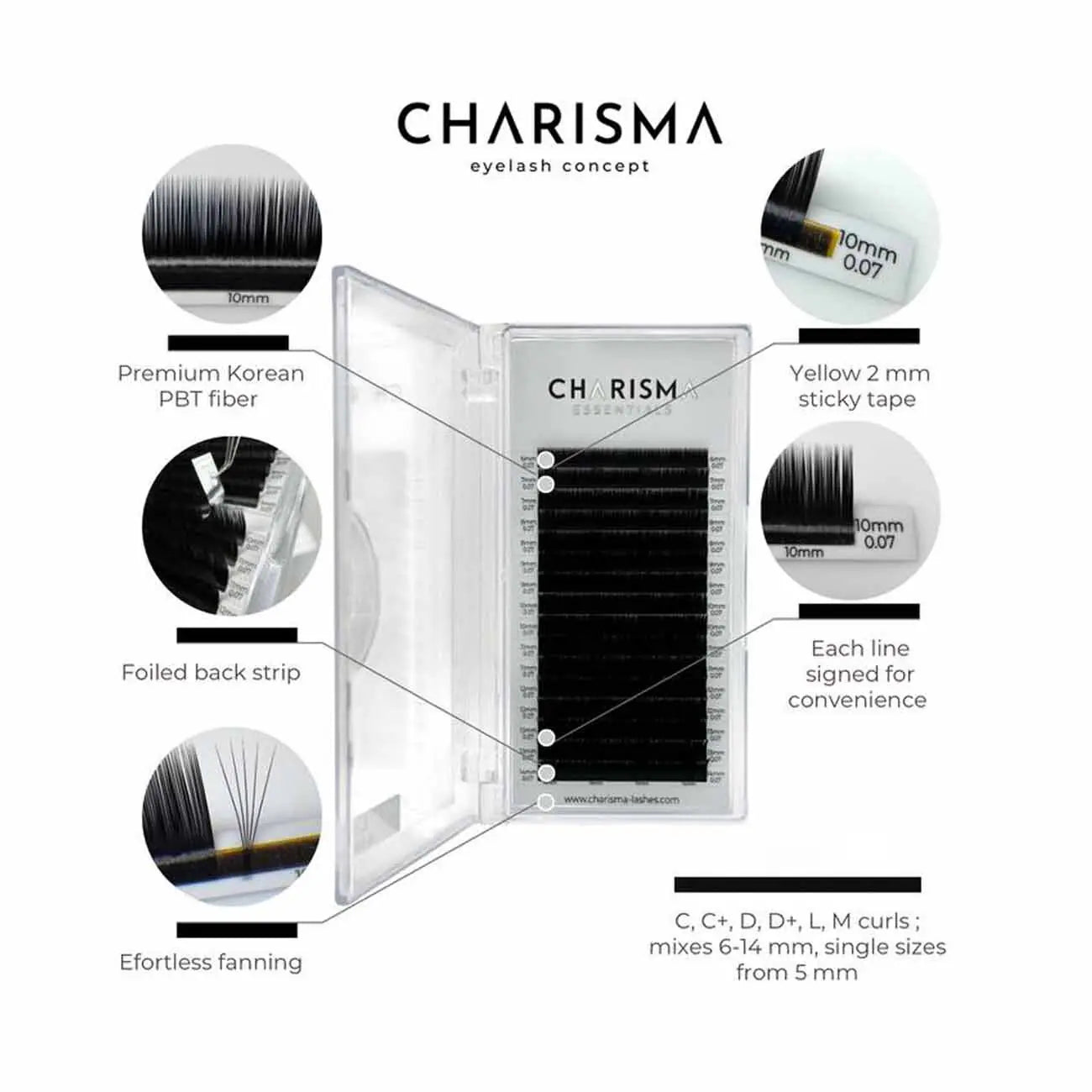 CHARISMA Essentials black eyelash extensions showing Korean PBT fibre, yellow 2 mm tape, foiled back strip and effortless fanning