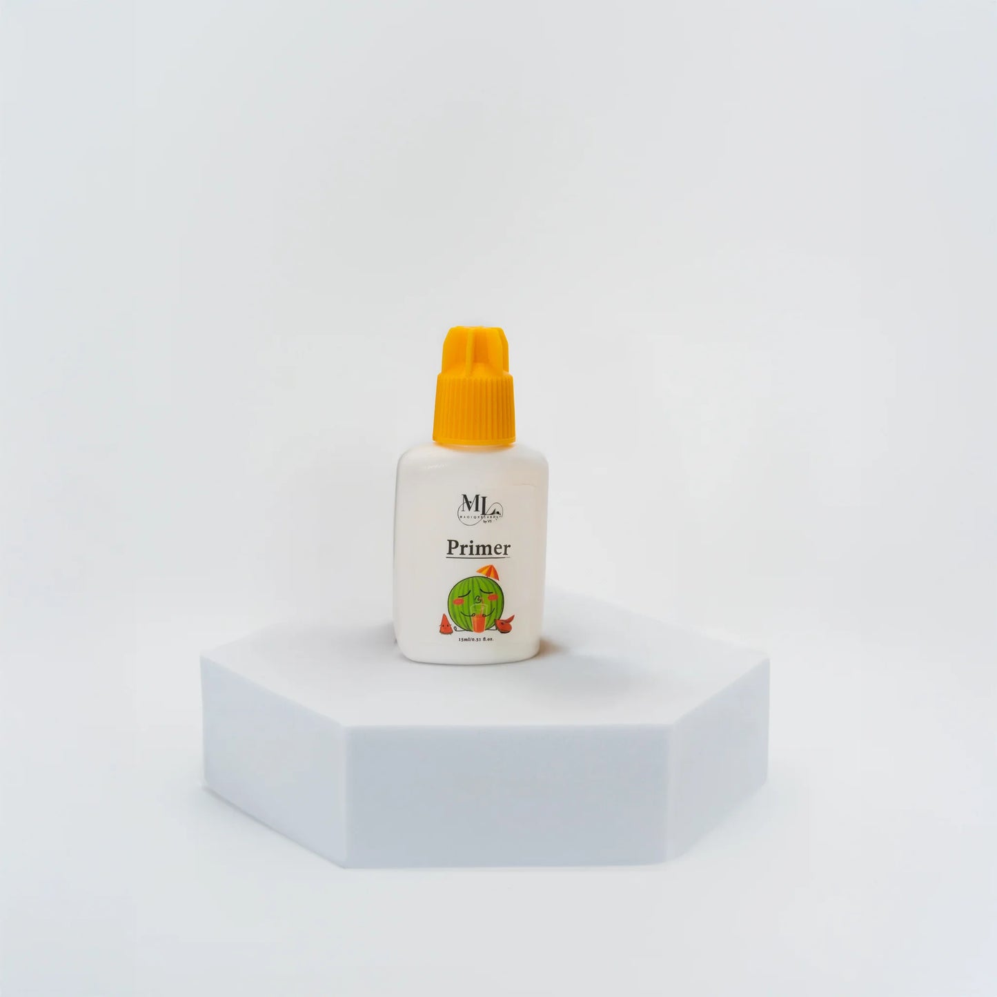 Scented lash primer for eyelash extensions, ripe melon fragrance, displayed on a white hexagon base, improves retention and lash health, The Lash Box Shop.
