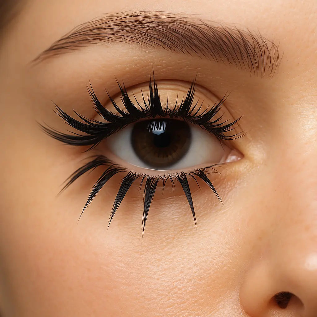 Close-up of eye with anime lash extensions in spiky clusters