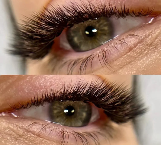 Before and after close-up of volume lash extensions showing a fuller, textured lash line on green eyes