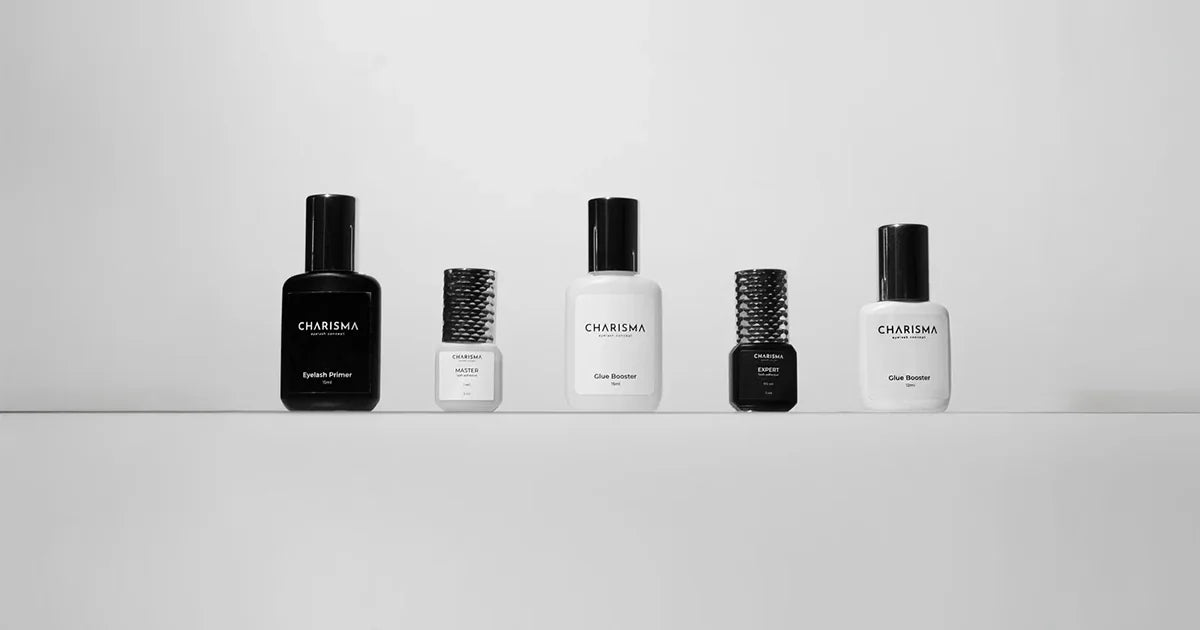 Charisma lash glue product range including Expert and Master adhesives, glue booster, and eyelash primer – The Lash Box Shop