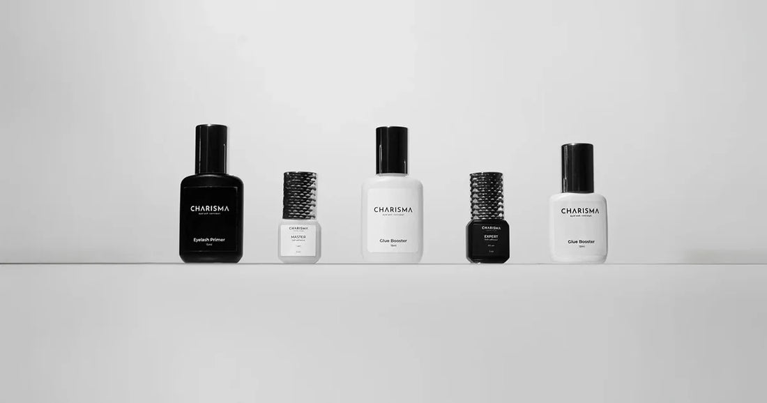 Charisma lash glue product range including Expert and Master adhesives, glue booster, and eyelash primer – The Lash Box Shop
