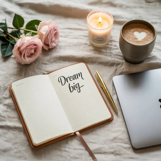 A premium flat lay featuring a notepad with 'Dream big' written inside, a gold pen, candle, roses, coffee, and a laptop — representing growth, vision, and entrepreneurship in the lash industry.