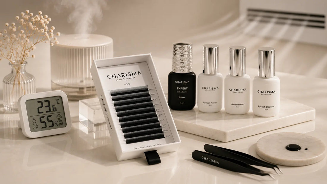 CHARISMA premade lash fan tray with lash adhesive, primer, cleanser, glue booster, tweezers and hygrometer for lash retention.