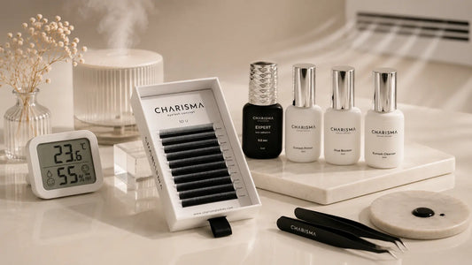 CHARISMA premade lash fan tray with lash adhesive, primer, cleanser, glue booster, tweezers and hygrometer for lash retention.