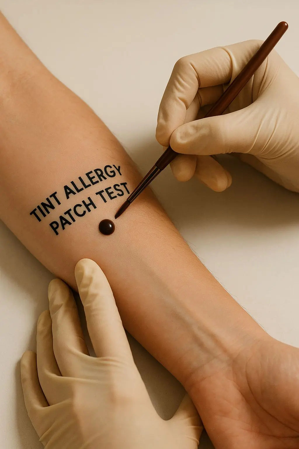 Brow tint patch test being applied to the arm – allergy check for safe tinting treatment