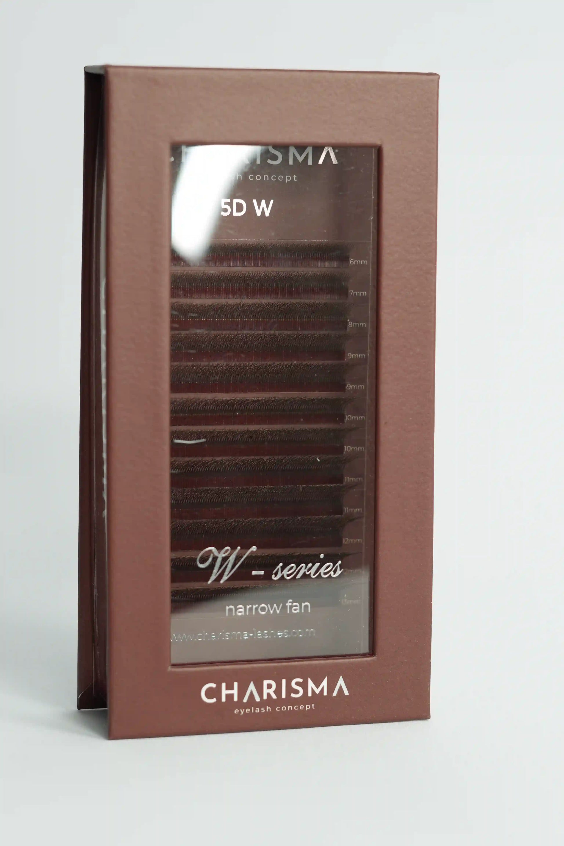 CHARISMA 4DW brown premade lash fans packaging showing soft volume narrow base eyelash extensions for natural lash sets
