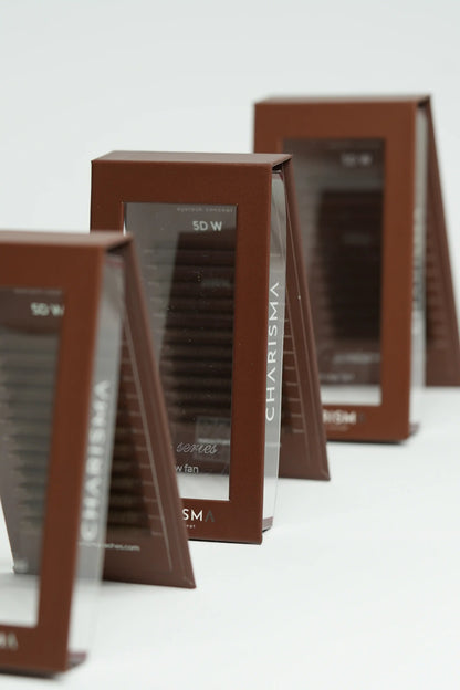 CHARISMA 5DW brown premade lash fans packaging showing professional narrow base volume lash fans for soft full eyelash extensions