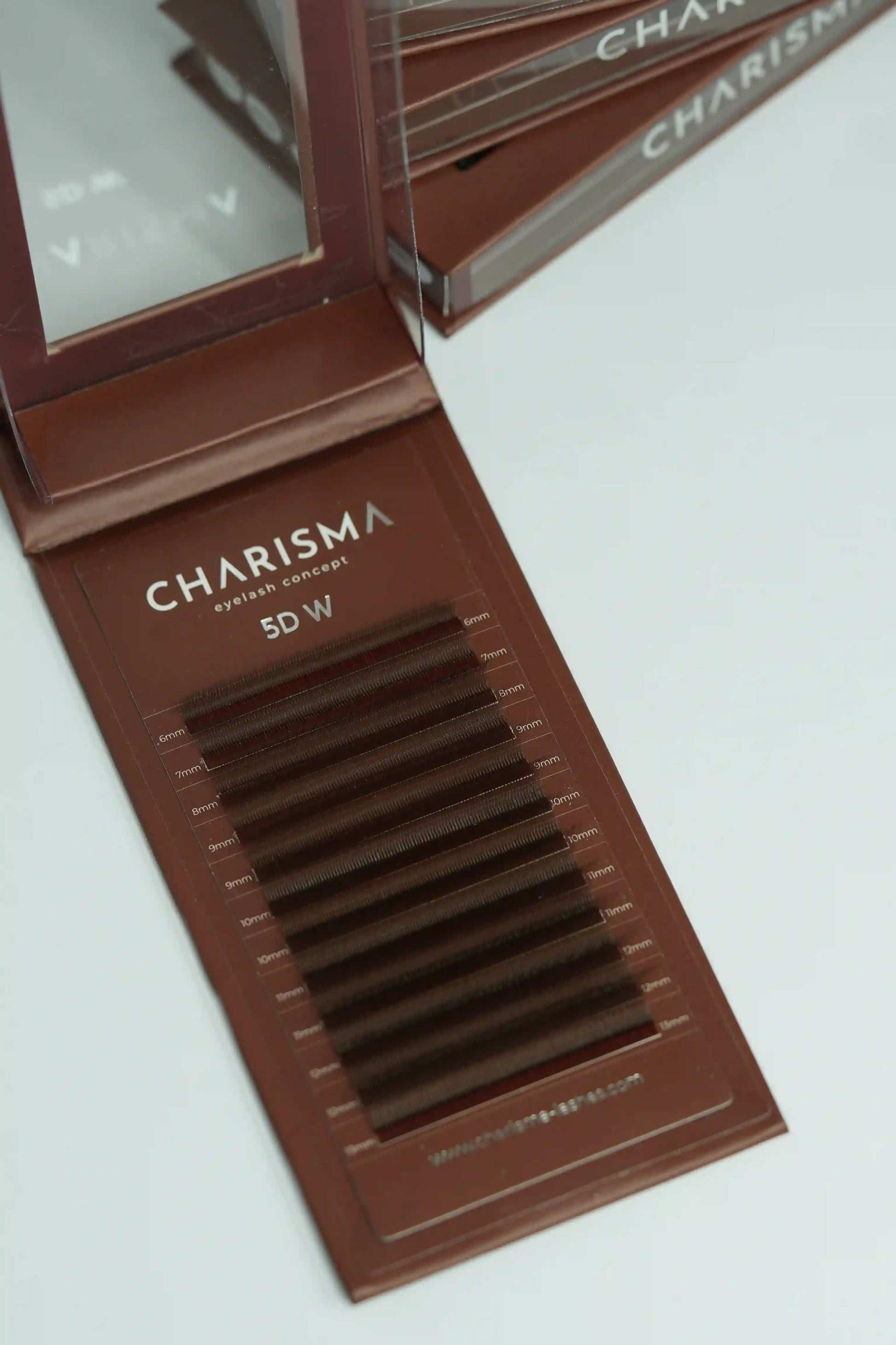 CHARISMA 5DW brown premade lash fans tray close-up showing narrow base volume lash fans for soft full eyelash extensions