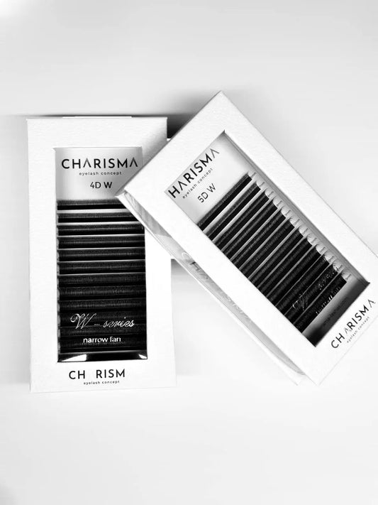 CHARISMA 4DW and 5DW premade lash fans trays showing single length narrow base volume eyelash extensions for soft and full lash sets