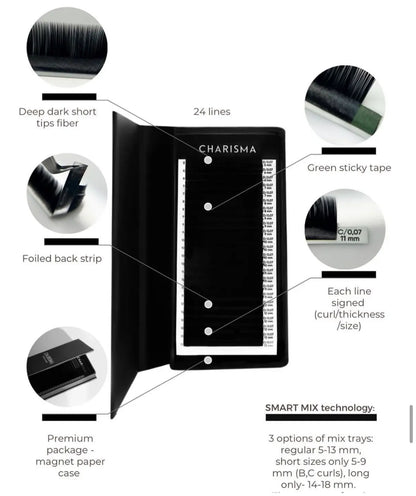 CHARISMA black eyelash extensions – mix tray with premium lash features highlighted, including fibre softness and easy fan tape