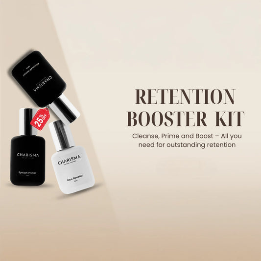 CHARISMA Retention Booster Kit banner – 25% off cleanser, primer, and glue booster for improved eyelash extension retention