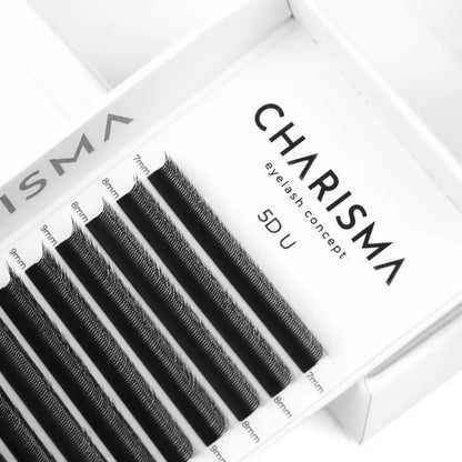 Close-up of CHARISMA SPEEDY U-Series 5D U premade fans for Russian Volume eyelash extensions