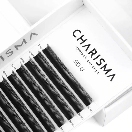Close-up of CHARISMA SPEEDY U-Series 5D U premade fans for Russian Volume eyelash extensions
