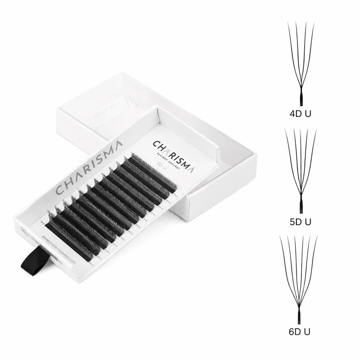 CHARISMA SPEEDY U-Series premade fan dimensions showing 4D U, 5D U and 6D U lash fans