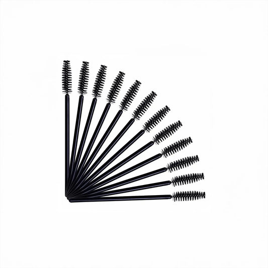 Disposable mascara wands for eyelash extensions, 50 pack, ideal for brushing and maintaining lash sets, black handles with dense fluffy bristles, The Lash Box Shop.

