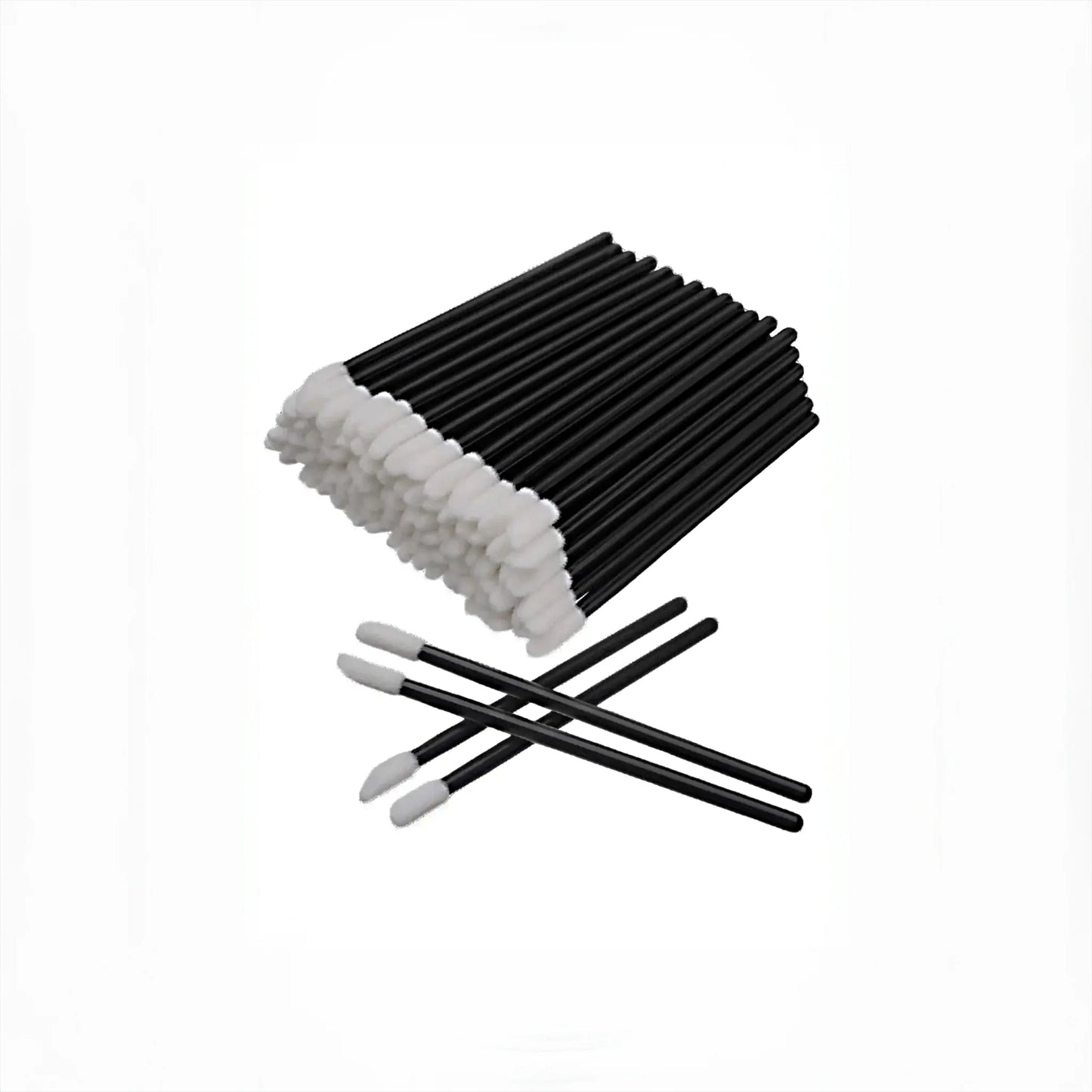 Disposable lip gloss applicators for eyelash extensions pre-treatment, 50 pack, black handles with soft white fibre tips, The Lash Box Shop.