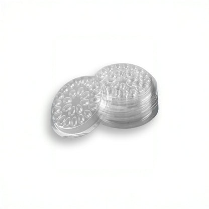 Stacked flower glue holders for eyelash extensions, designed to keep adhesive fresh and reduce waste during lash treatments, 25 pack, The Lash Box Shop.