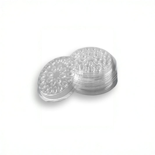 Stacked flower glue holders for eyelash extensions, designed to keep adhesive fresh and reduce waste during lash treatments, 25 pack, The Lash Box Shop.