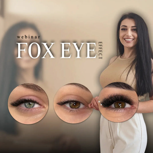 Promotional image for the Fox Eye Effect lash webinar, showing lash styling results on different eye shapes and the educator standing beside the text title.