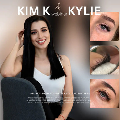 Lash educator promoting the Kim K & Kylie wispy lash effect webinar, with client lash examples shown on the side.
