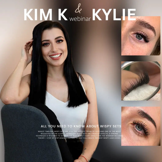 Lash educator promoting the Kim K & Kylie wispy lash effect webinar, with client lash examples shown on the side.
