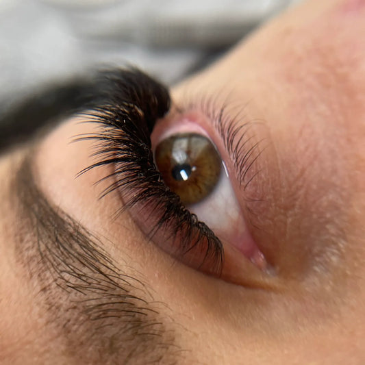 Close-up of Kim K inspired eyelash extensions created by Loredana Irimia, The Lash Box top lash artist
