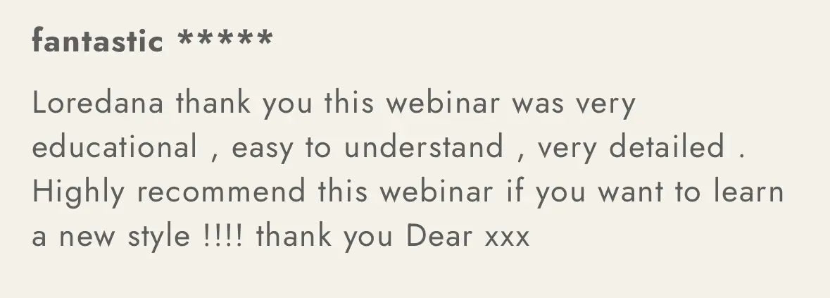 Five star customer review describing Lash Trend webinar as educational, detailed and easy to understand