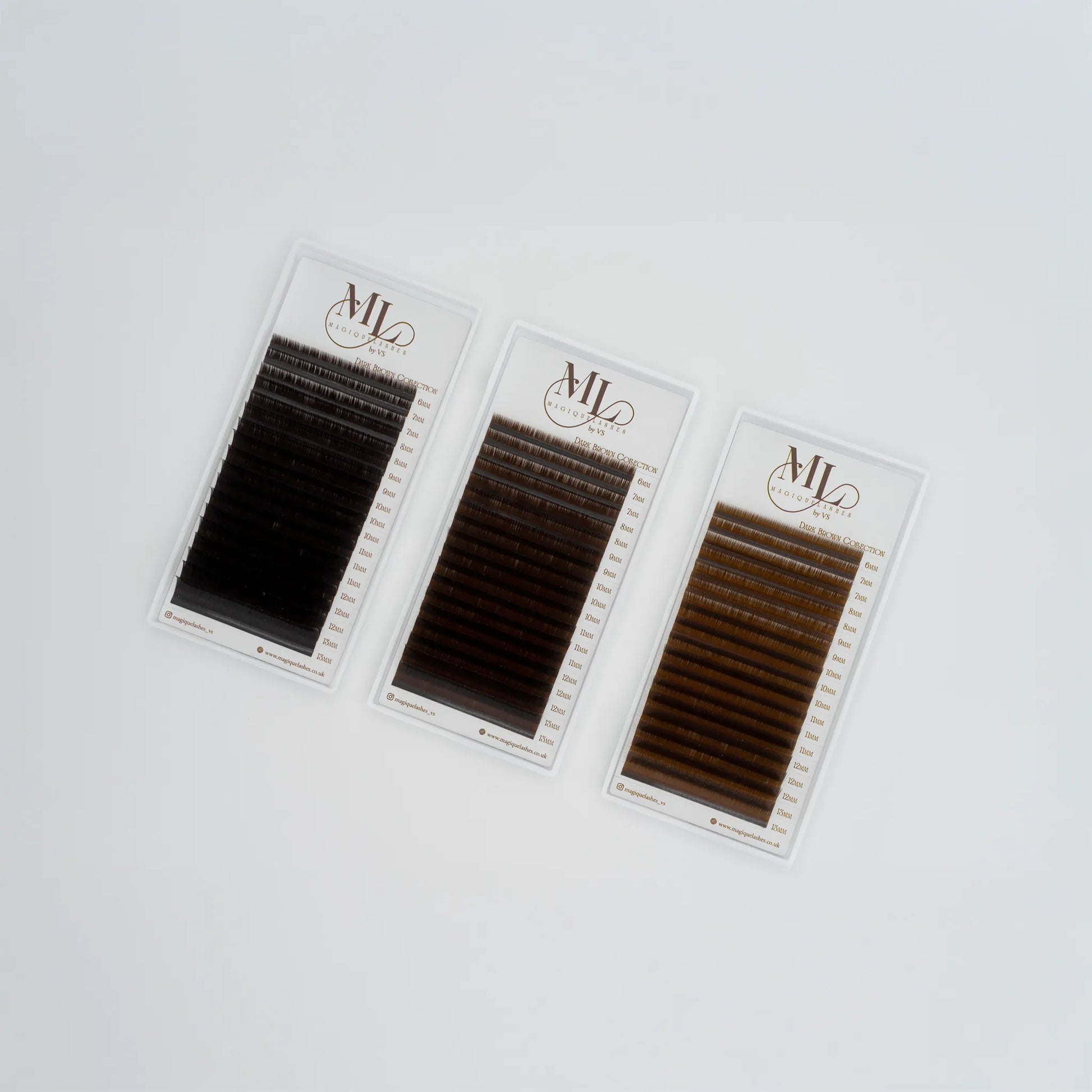Flat lay of three MAGIQUE brown lash trays in Espresso, Coffee, and Pecan shades, arranged side by side for colour comparison.