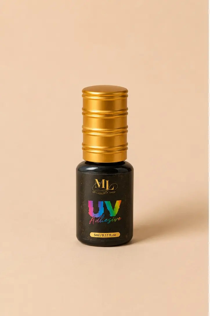 ML UV LED lash adhesive black 5ml shown from the front on a beige background