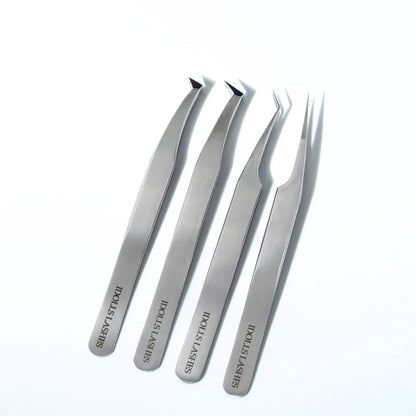 Full set of professional eyelash extension tweezers by iDolls Lashes – includes precision, straight, multifunctional, and volume tweezers