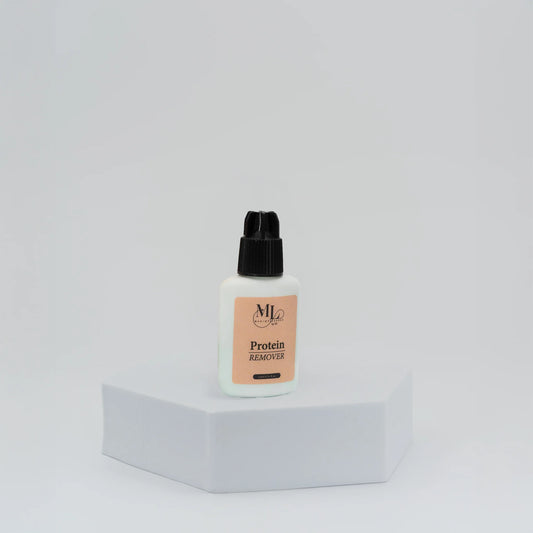 Pre-treatment protein remover for eyelash extensions, displayed on white hexagon base, cleanses natural lashes for better retention, The Lash Box Shop.