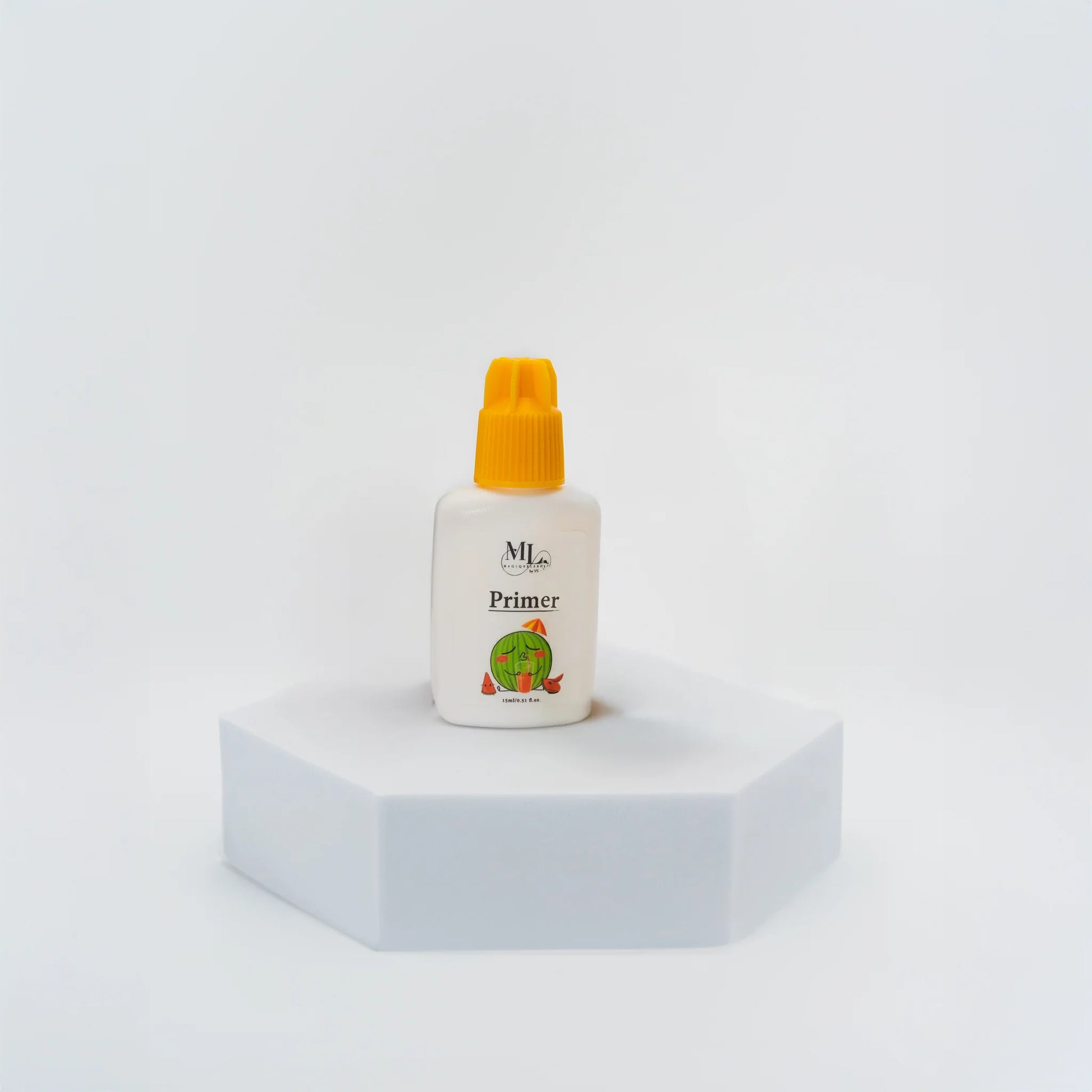 Scented lash primer for eyelash extensions, ripe melon fragrance, displayed on a white hexagon base, improves retention and lash health, The Lash Box Shop.