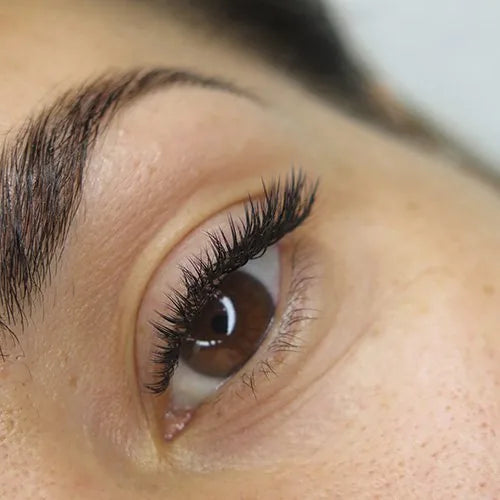 Close-up of wet look lash extensions styled by Loredana Irimia